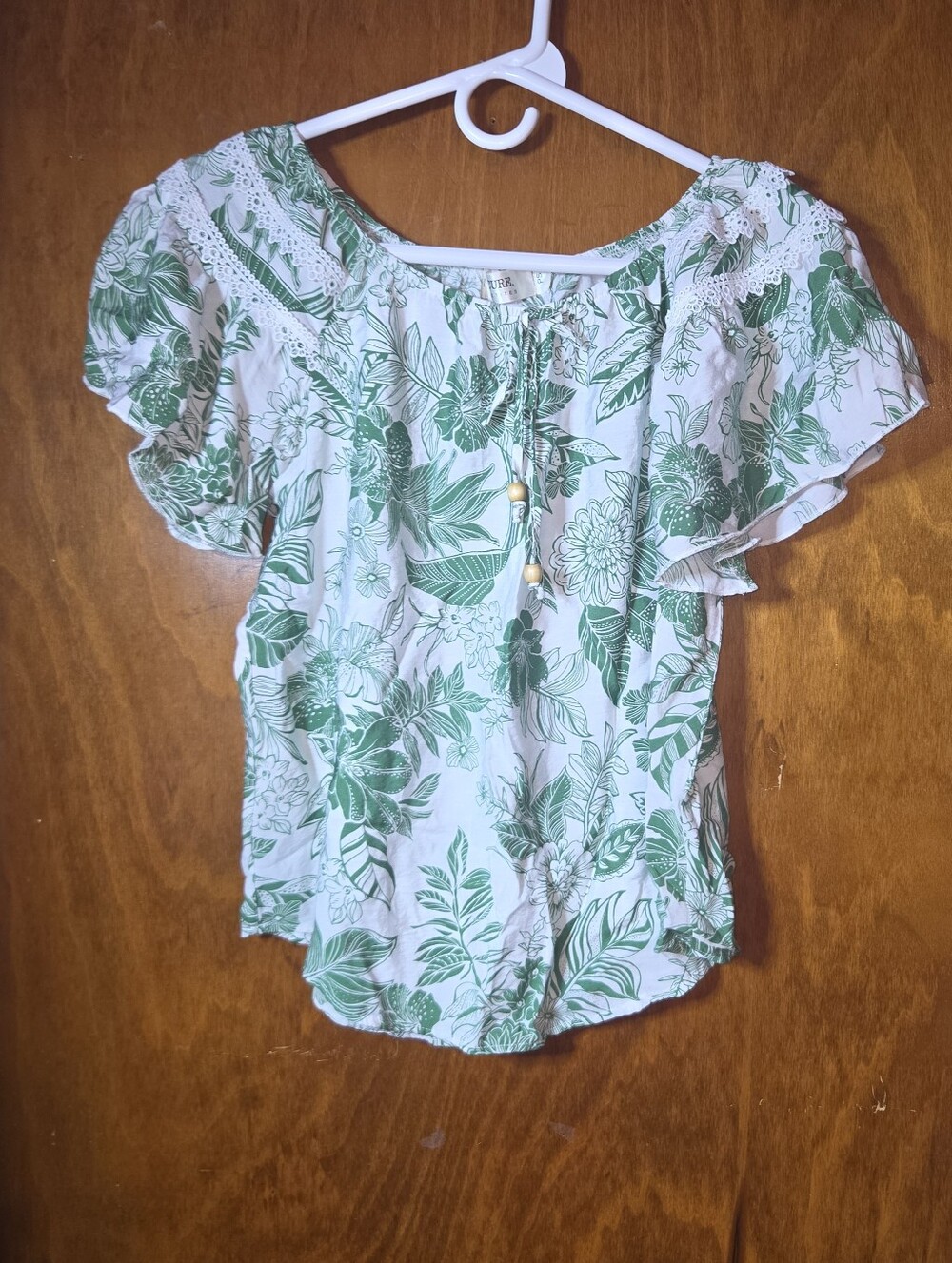 Cure Petites Green White Floral Peasant Blouse Lace Trim Ruffle Sleeve Small
